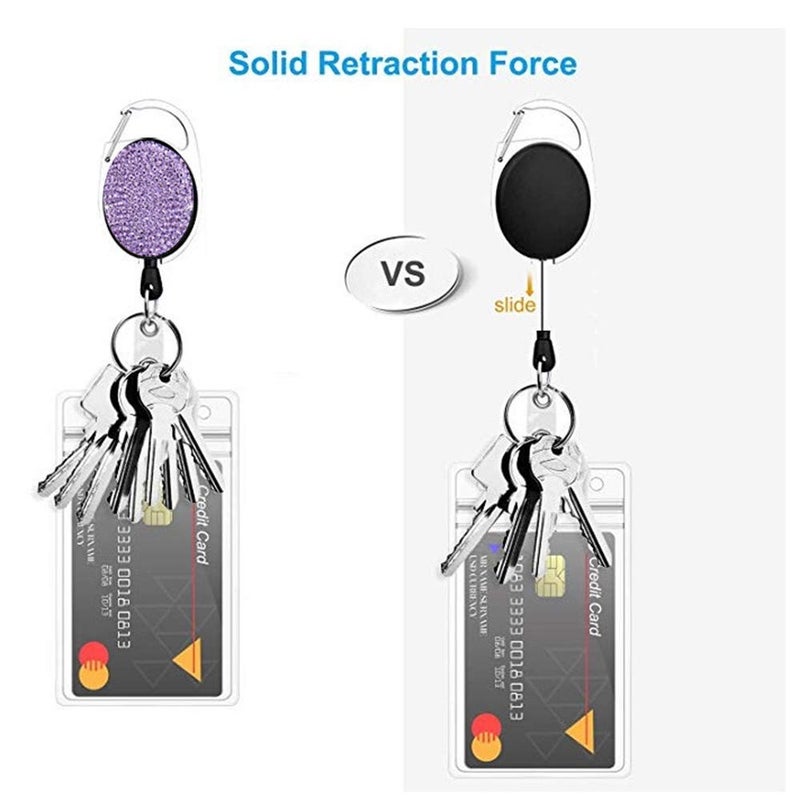 WedFeir Retractable Badge Holders with Rhinestones Crystal, Badge Reel with Belt Clip and Key Ring, 24 inches Thick Kevlar Pull Cord. (4pcs- Silver, Black, Pink and Purple) - Image 5